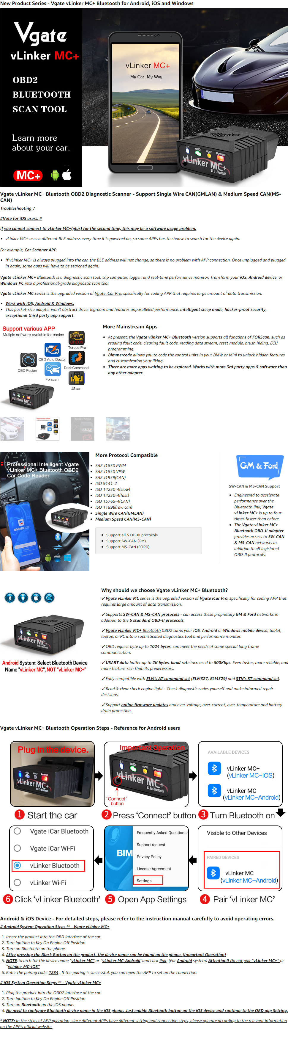 VGATE VLinker MC+ Bluetooth OBD Tool for BMW and Ford