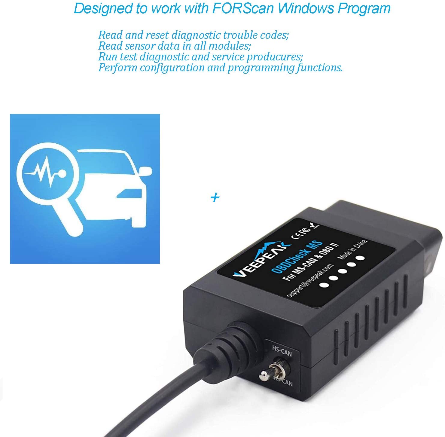 Veepeak USB OBD2 Adapter for FORScan Windows with HS-CAN MS-CAN Switch Professional Diagnostic Scan Coding Reset Tool for Ford Mazda Vehicles